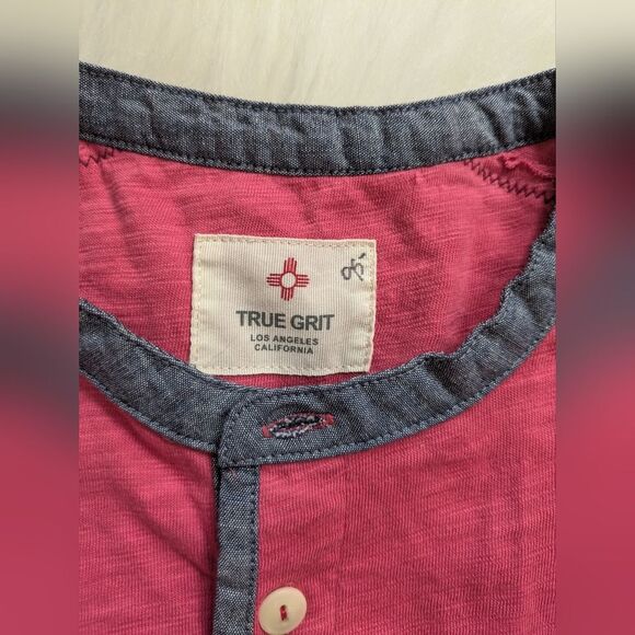 NWT True Grit Bowery Burnout Slit Tee Red Pink Long Sleeve Henley Shirt L Large - Picture 2 of 5